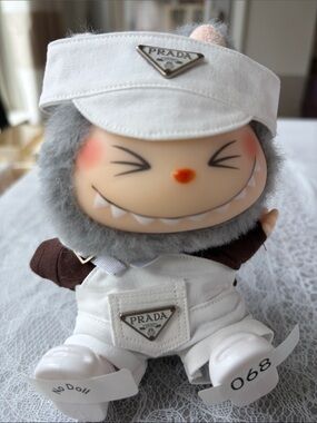 068, 3 Piece Prada Logo Outfit 4Labubu Doll mini Overalls/visor(No Doll)